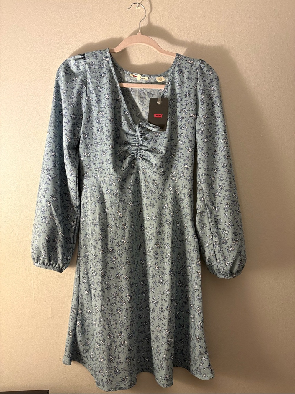 Levi's Light Blue Floral Mini Dress with Ruched V-Neck